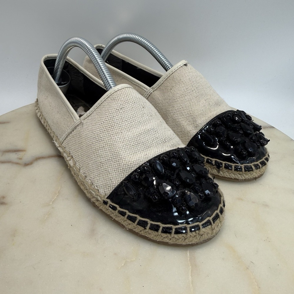 Sam Edelman Circus Natural Linen Black Rhinestone Espadrilles Size 7.5
